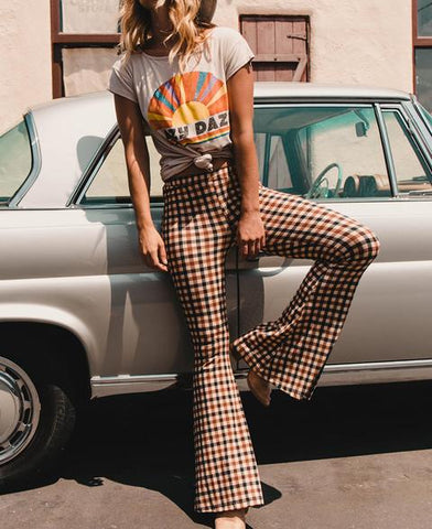 VINTAGE PLAID HIGH WAIST LONG FLARE BELL-BOTTOM PANTS - CHICBOHOSTYLE