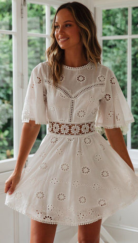 white lace floral embroidery short sleeve mini dress-CHICBOHOSTYLE