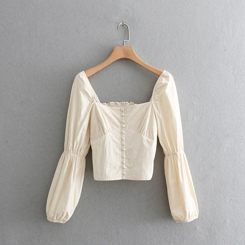 Cottagecore Square Collar Long Sleeve Blouse – Chic Boho Style
