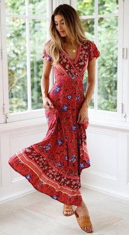 Short Sleeve Boho Floral High Split Maxi Dress - ChicBohoStyle – Chic ...