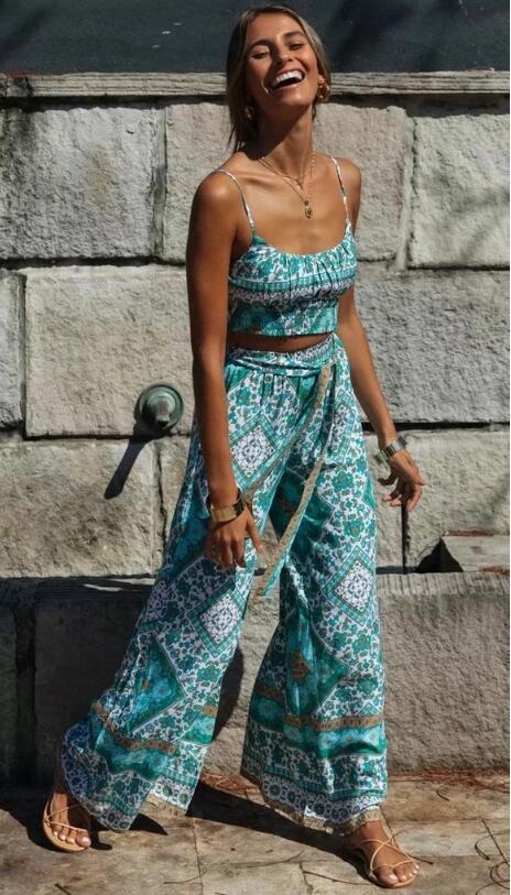 Turquoise Crop Top and Wide Leg Pants Set – Chic Boho Style