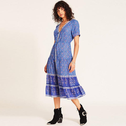 V-Neck Loose Summer Style Midi Dress - ChicBohoStyle – Chic Boho Style