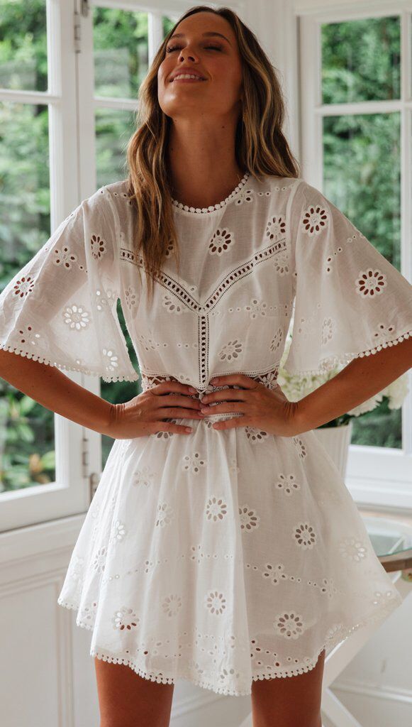 White Lace Floral Embroidery Short Sleeve Mini Dress - ChicBohoStyle ...