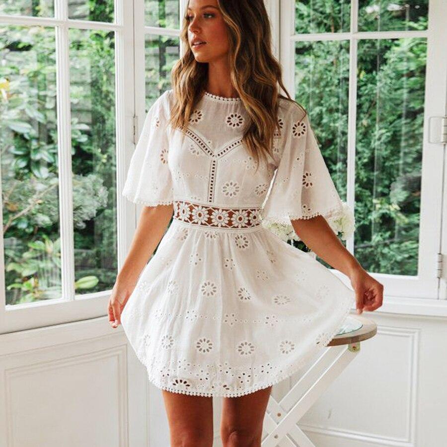 White Lace Floral Embroidery Short Sleeve Mini Dress - ChicBohoStyle ...