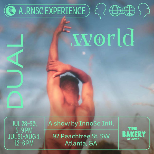 DUAL.world promo poster, man facing away while holding his arm up in the air