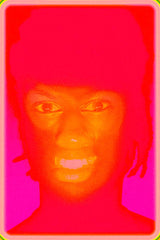 Pink, red, and orange portrait of person with a superimposed face