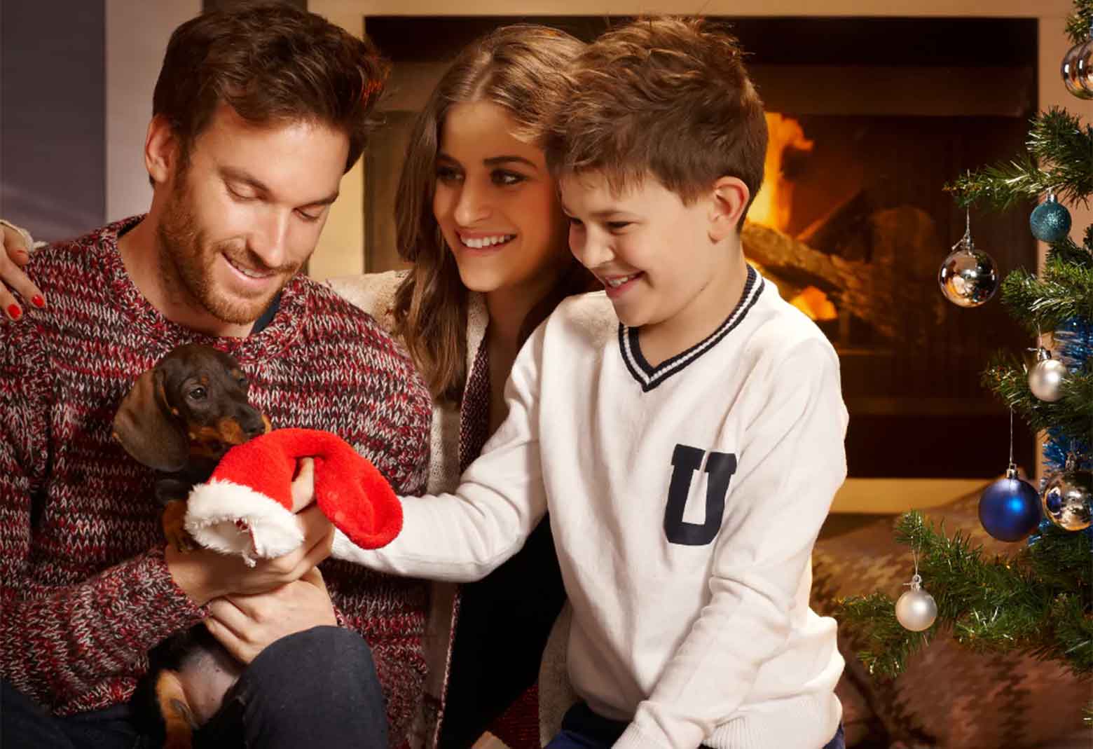 Family Holding Puppy Wearing Santa Hat