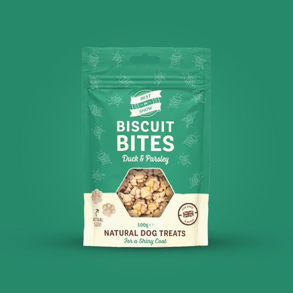 Duck & Parsley Biscuit Bites from Best In Show, dog treats created to benefit their shiny coat.
