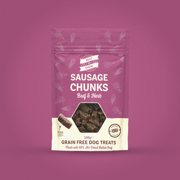 Beef Sausage Chunks, a new dog treat from Best In Show perfect for training your canine new tricks or rewarding good behaviour.