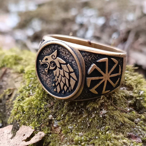 Slavic wolf Sin wheel bronze ring