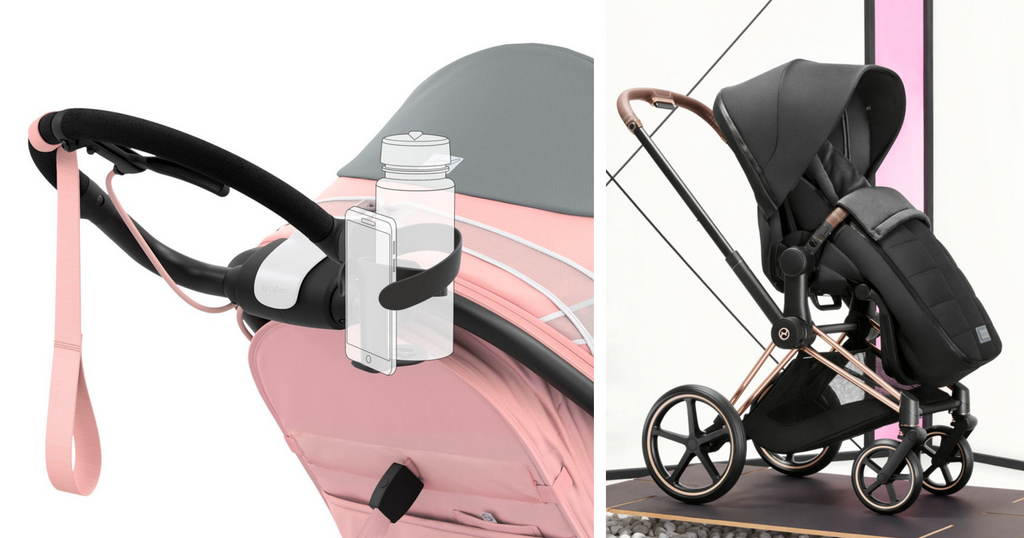 Example of pram 2-in-1 phone and cup holder on left and of a premium Footmuff on the right