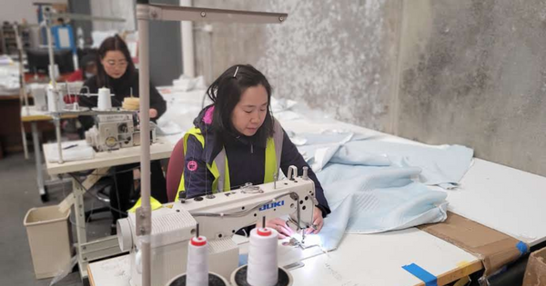 Mai sewing Australian Made products in the Anstel Melbourne warehouse