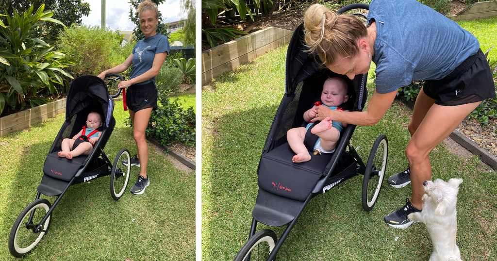 Genevieve Gregson and son pose with a black Cybex Avi running stroller