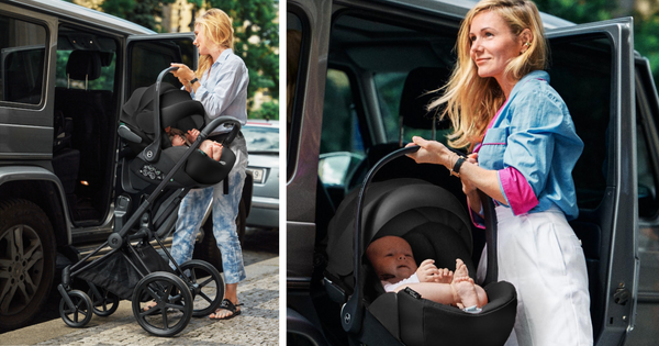 The Cybex Cloud Q travel system shown being taken between car and pram