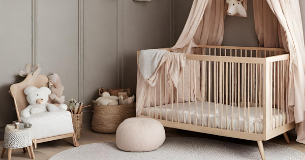 Pink canopy over soft neutral nursery
