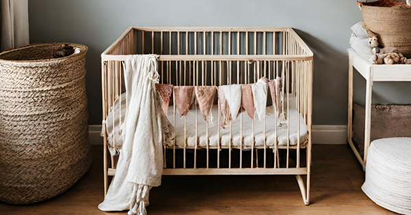 Bunting hanging off a cot in a boho style nursery