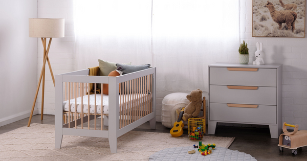 Cosy nursery with a Babyrest Hague cot and chest duo in soft grey