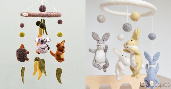 Australian animals themed felt mobile on the left; felt bunnies themed mobile on the right