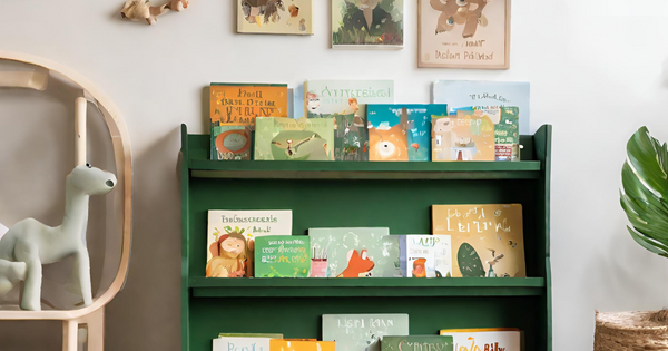 Green children's bookshelf in a child's room with lots of picture books on display
