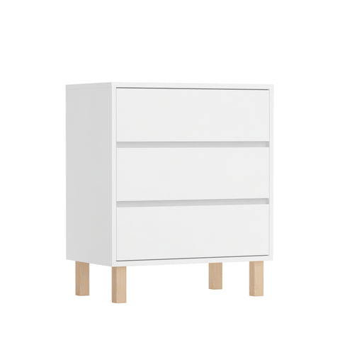 The Beaumont chest is white, with three, handleless drawer and elegant, natural wood legs