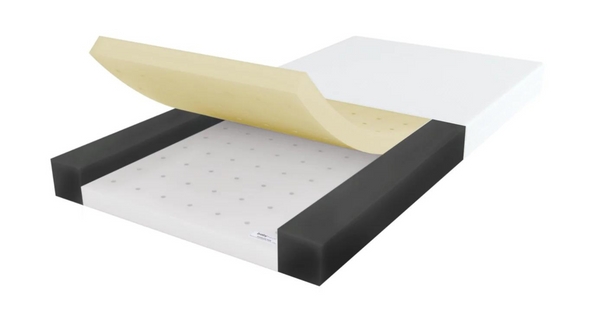 Cutaway of the Babyrest Duocore cot mattress shows the different colours and inbuilt support of the baby and toddler sides