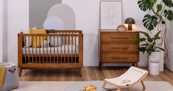 Boho nursery featuring the Babyrest Kaya cot and chest duo