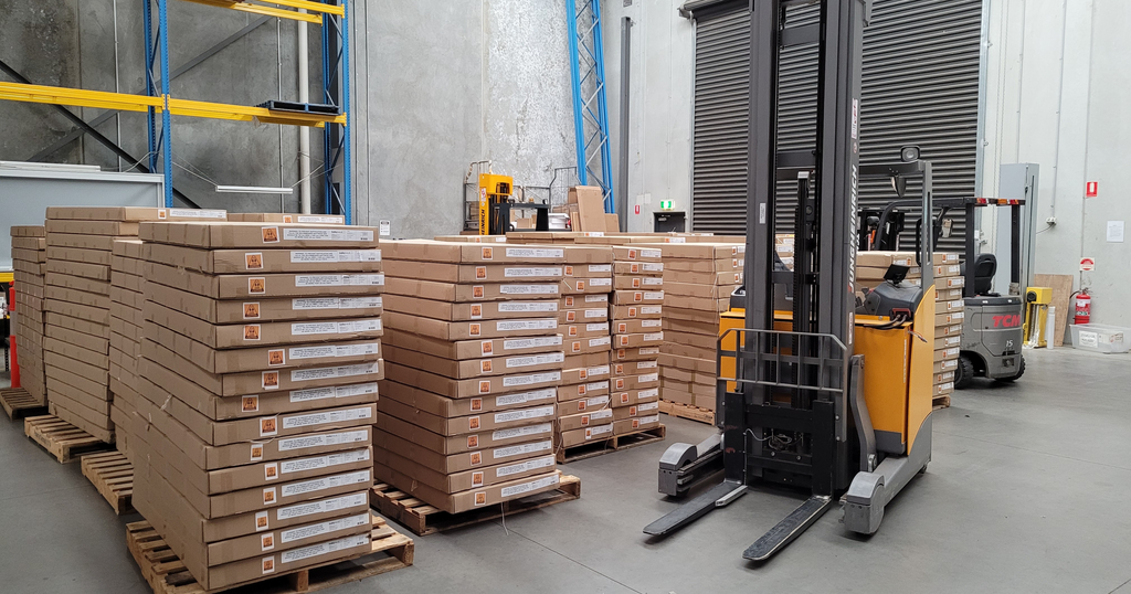 Pallets of products ready to go at the Anstel warehouse in Melbourne