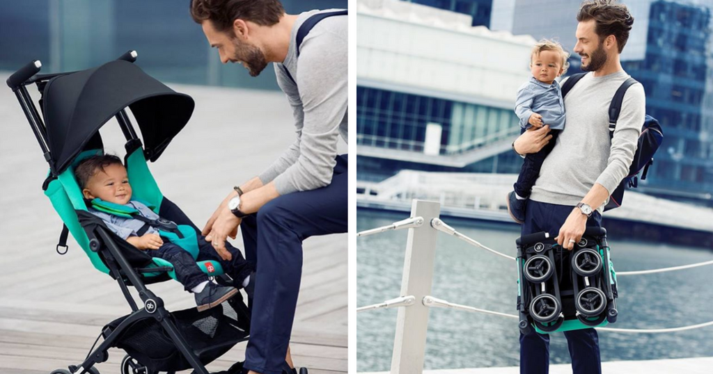 First image has a dad smiling at a baby seated in a GB pram. Second image is the same dad now holding the baby in one arm and the folded, compact pram in the other. 
