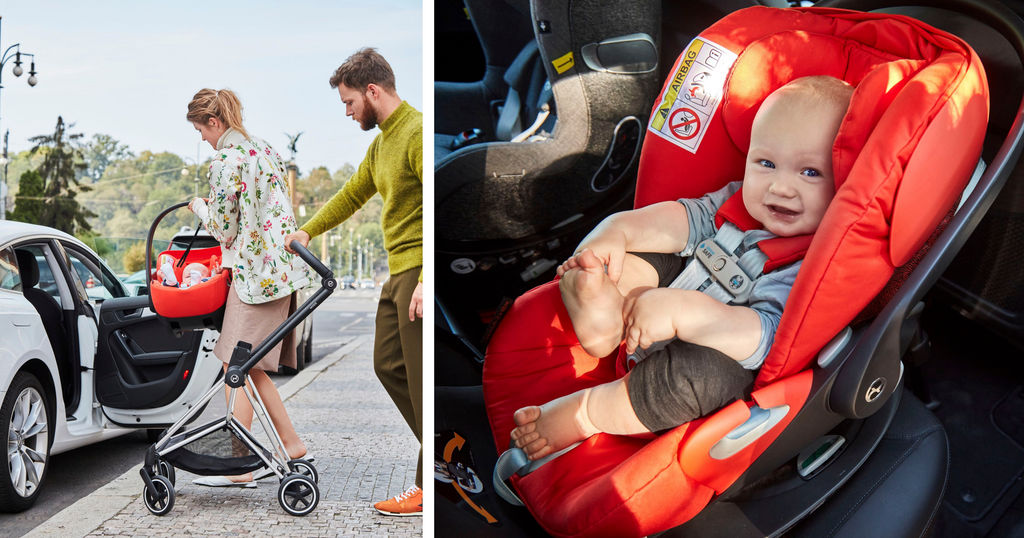 Baby in a Cloud Q capsule being transferred from a pram to the car