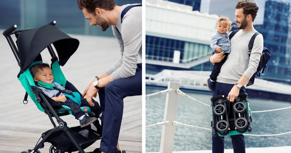 Father with son in GB travel pram, next to image of father holding son with one arm and the compact, folded GB stroller in the other