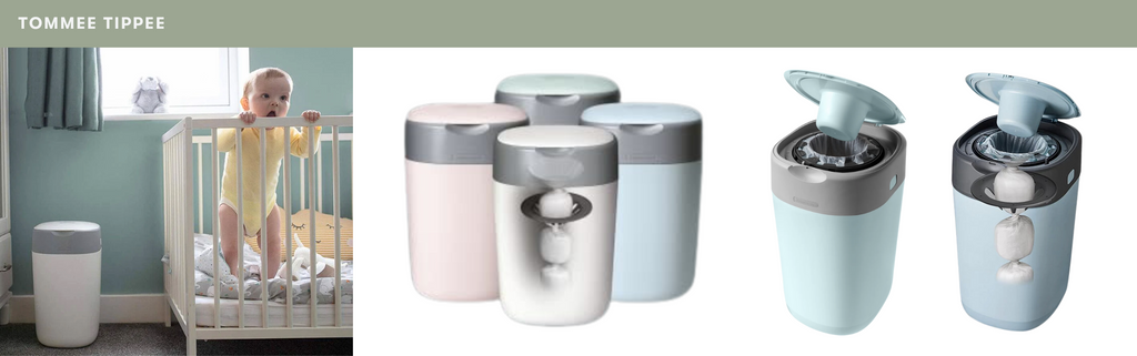 Tommee Tippee nappy bin shown in a nursery setting, as well as close ups of the features