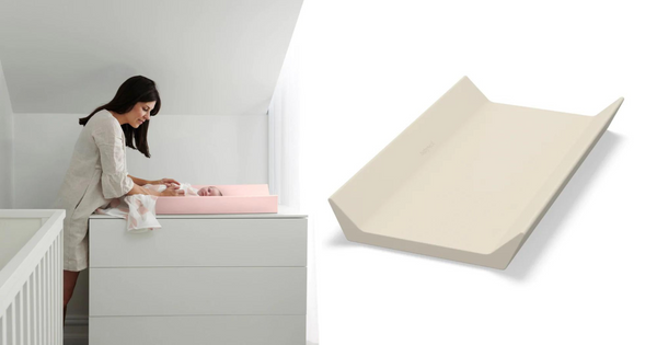 On the left is a woman changing her baby on top of a chest of drawers using a pink Nova change mat with high sides. On the right is a close up on the change mat, but in Dune (a neutral, sandy colour)