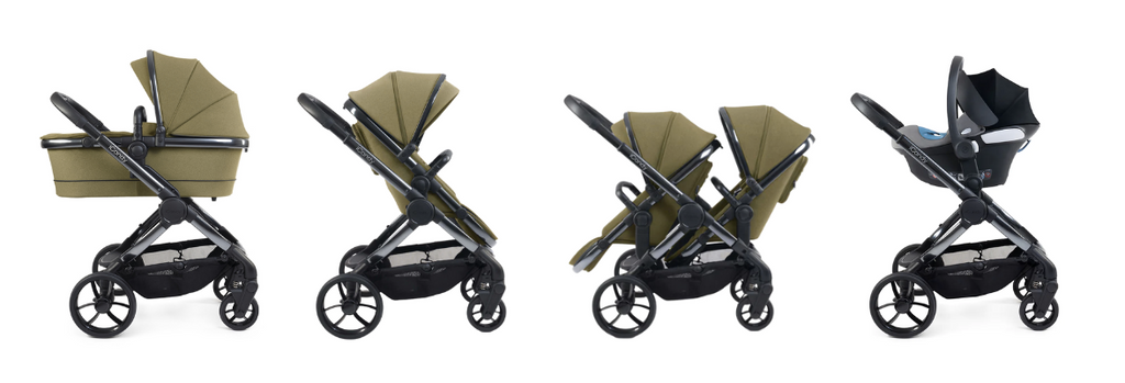 iCandy Peach 7 pram shown in carry cot, single, double and capsule modes