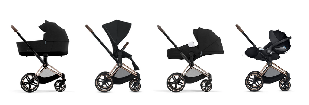 Cybex Priam 2022 pram shown in carry cot, single, double and capsule modes