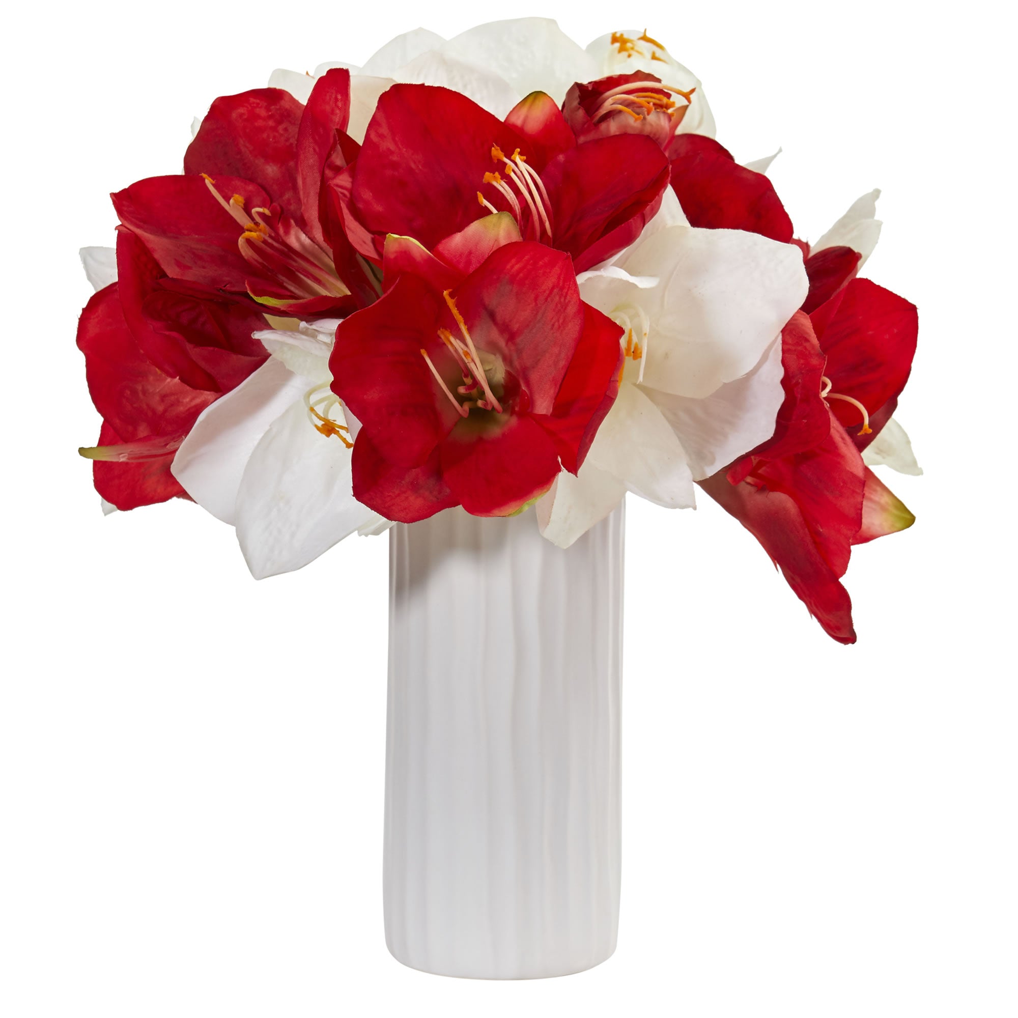 Nearly Natural Amaryllis Artificial Arrangement in White Vase