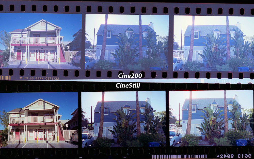 Rem-jet removed Cine200 compared to Premoval CineStill 250D (unreleased beta test film) together on a flatbed scanner in 2014.