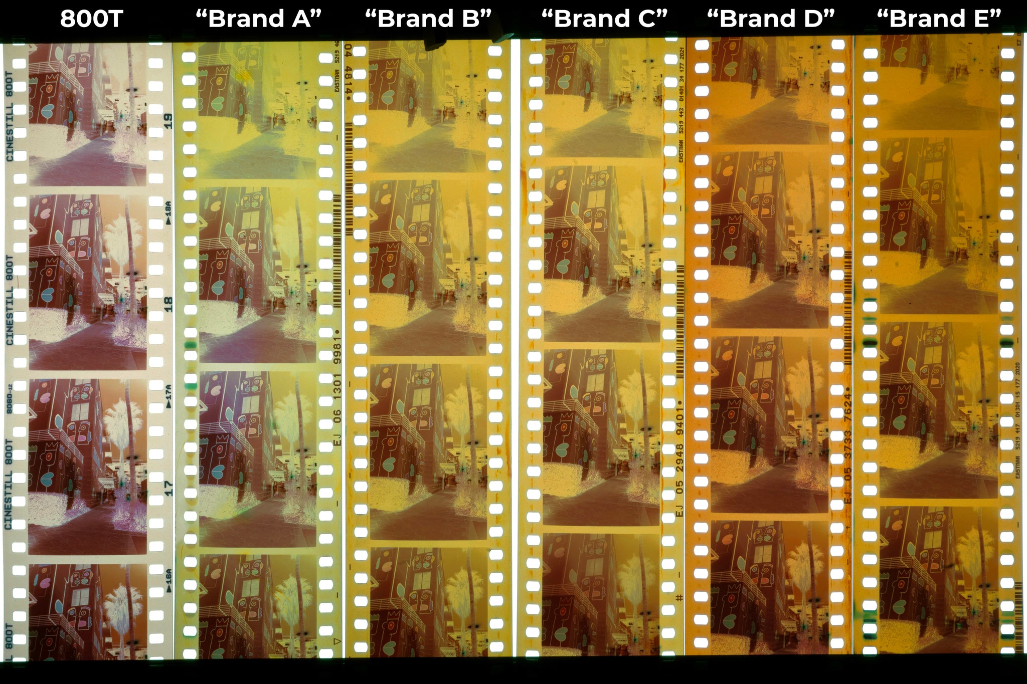 Photo of a light table with some samples of imitation films processed together in the same tank with 800T as a control.