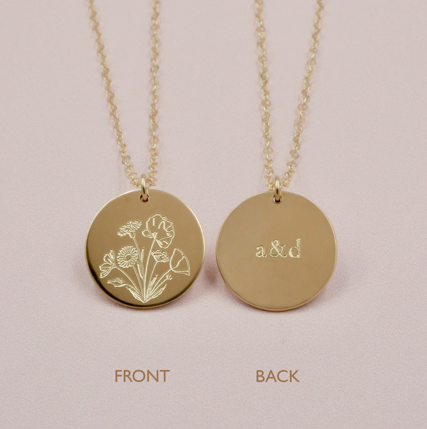 Personalize our gold Wildflower necklace with initials or a date.