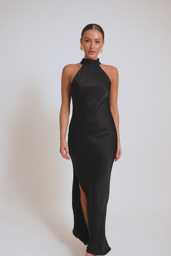 Paige Maxi Dress - Side Cut Out Balloon Sleeve Dress in Black