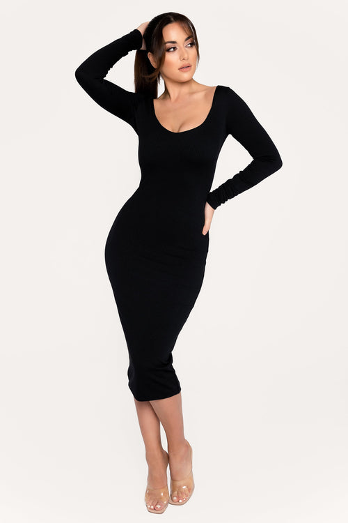 black scoop neck midi dress