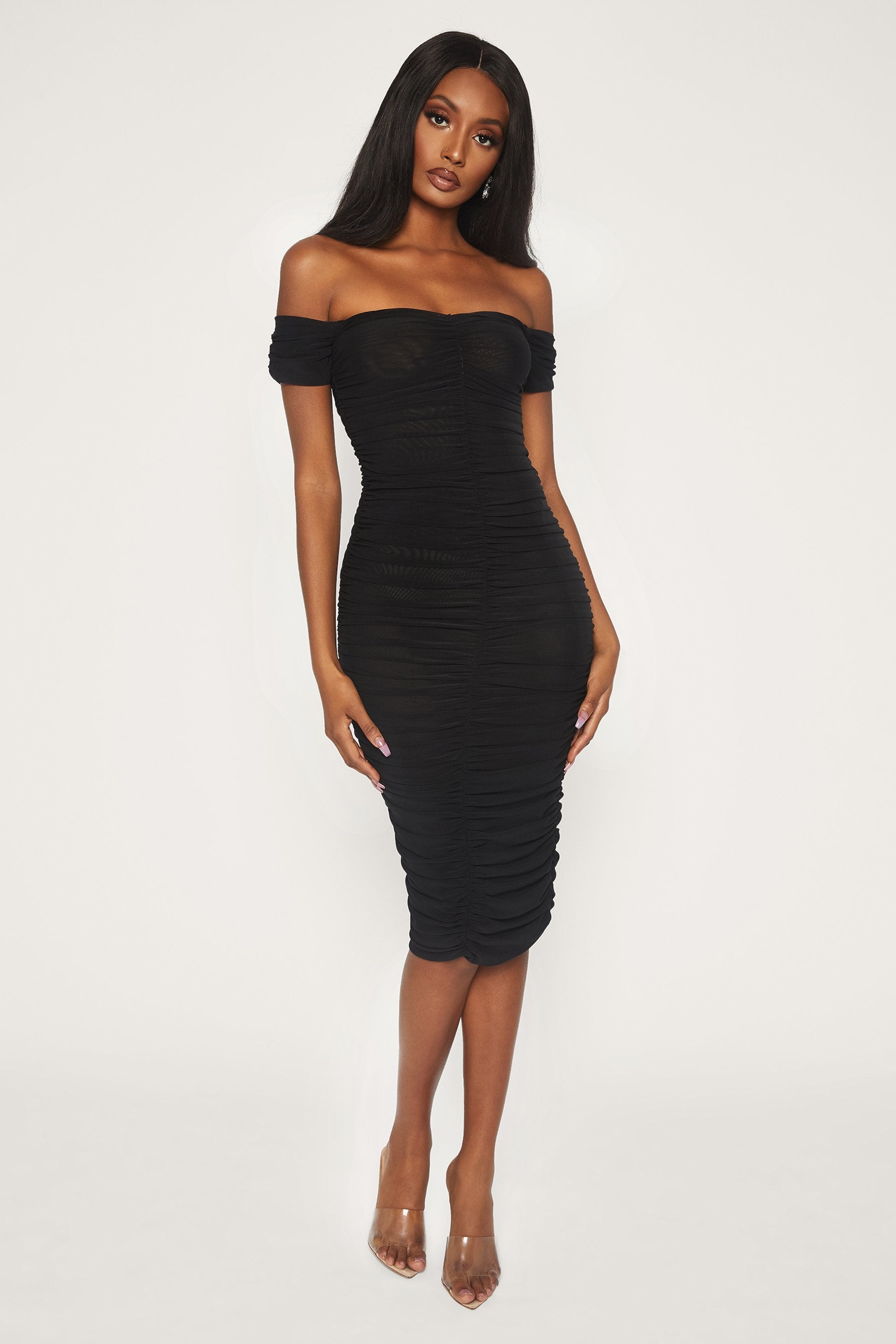 mesh midi dress black