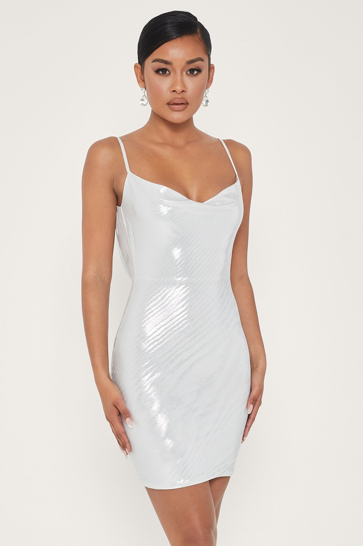 silver cowl neck mini dress