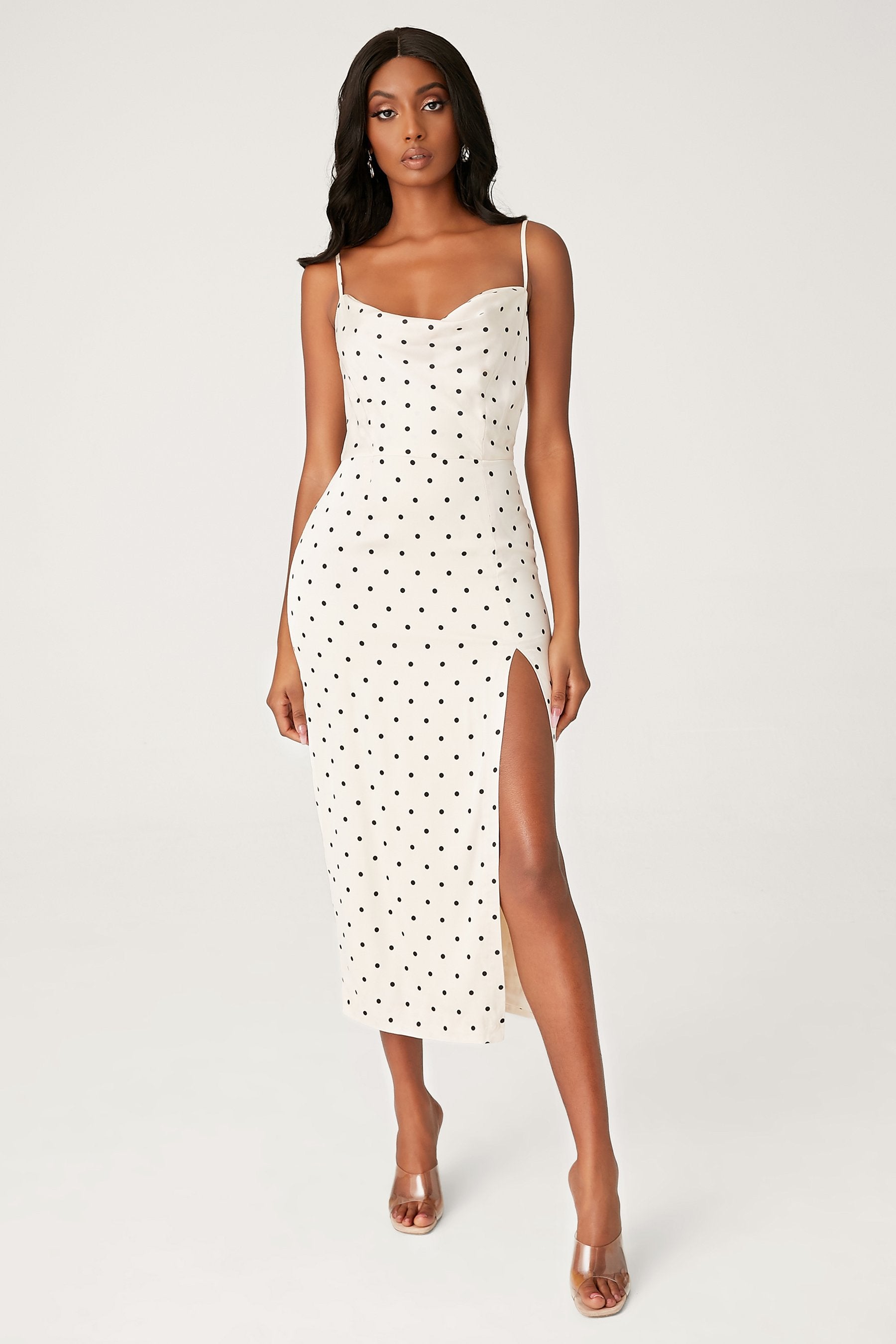 polka dot cowl neck dress