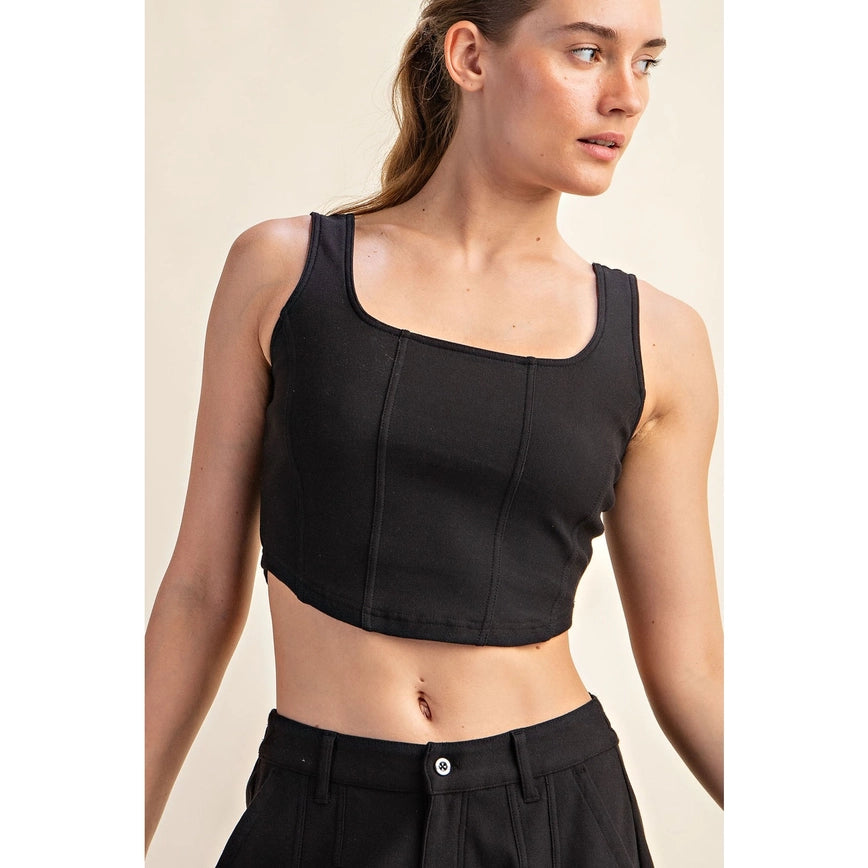 Cotton Stretch Twill Square Neck Crop Top in Black