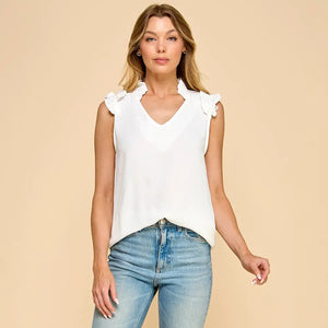 WHITE V NECK TOP WITH RUFFLE SLEEVES - Spunky Sparrow Boutique 