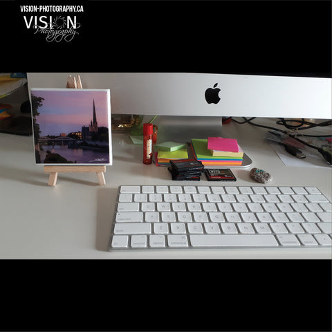 Desktop featuring an imac and an art mini with a photo of Cambridge's Central Presbyterian Church at sunset by Laura Cook of Vision Photography