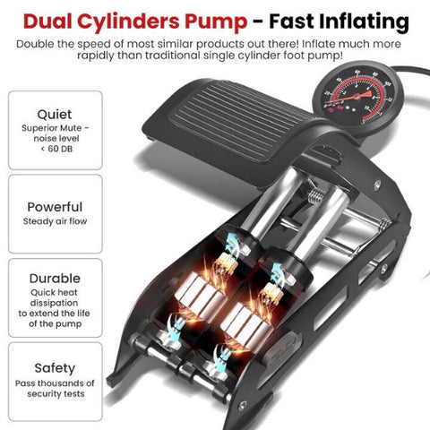 AirAction™ Dual-Cylinder Foot Pump With Gauge For Bicycles and Cars