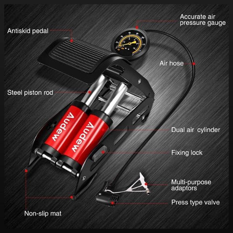 AirAction™ Dual-Cylinder Foot Pump With Gauge For Bicycles and Cars