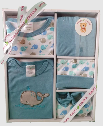 Sweet Cheeks 5 Piece Clothing Gift Set - BLUE-GREEN WHALE