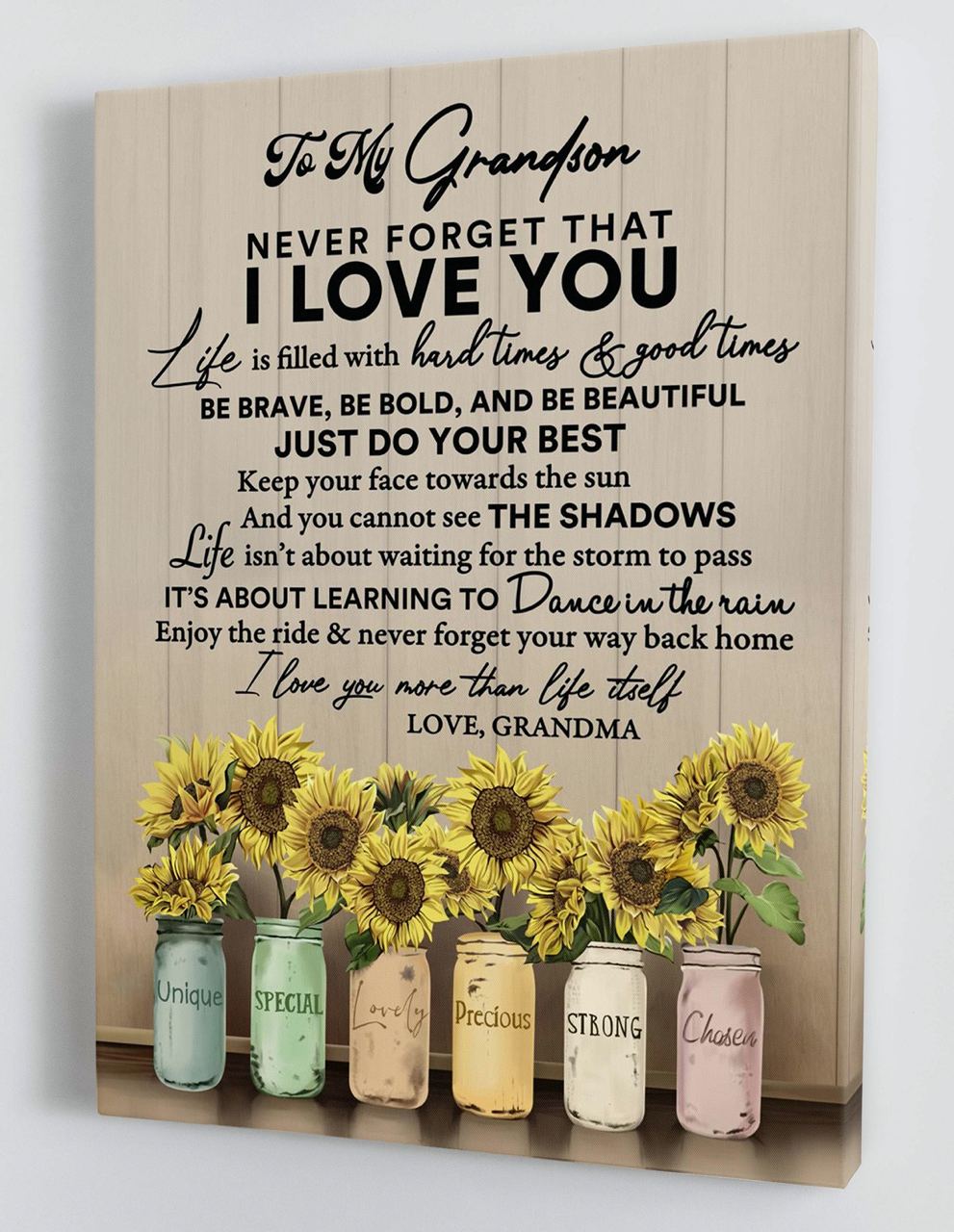 Gift for Grandson from Grandma - Colorful Sunflower Vases - Framed Canvas Gift GMS049